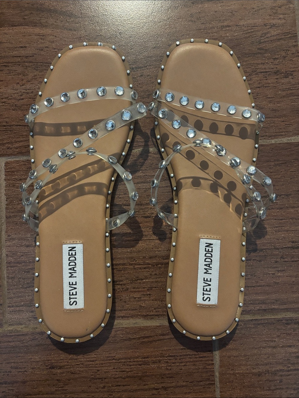 Steve Madden Clear Rhinestone Multi-Strap Slide Sandals with Tan Footbed